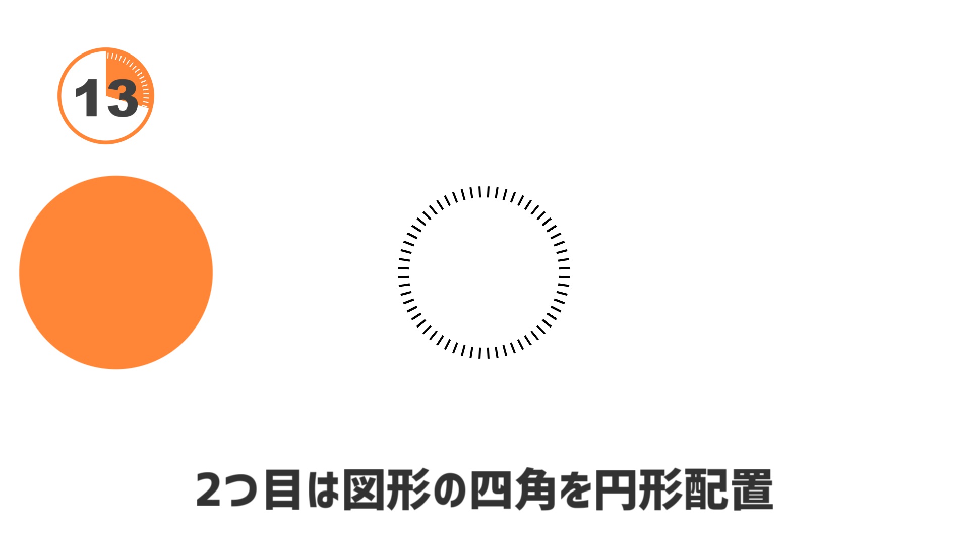 2つ目は図形の四角にアニメーション効果「円形配置」をかけて、ぐるっと円を書きます。これがあるとそれっぽい感じのタイマーになります。ただの装飾なのでこれには何のエフェクトもかけていません。