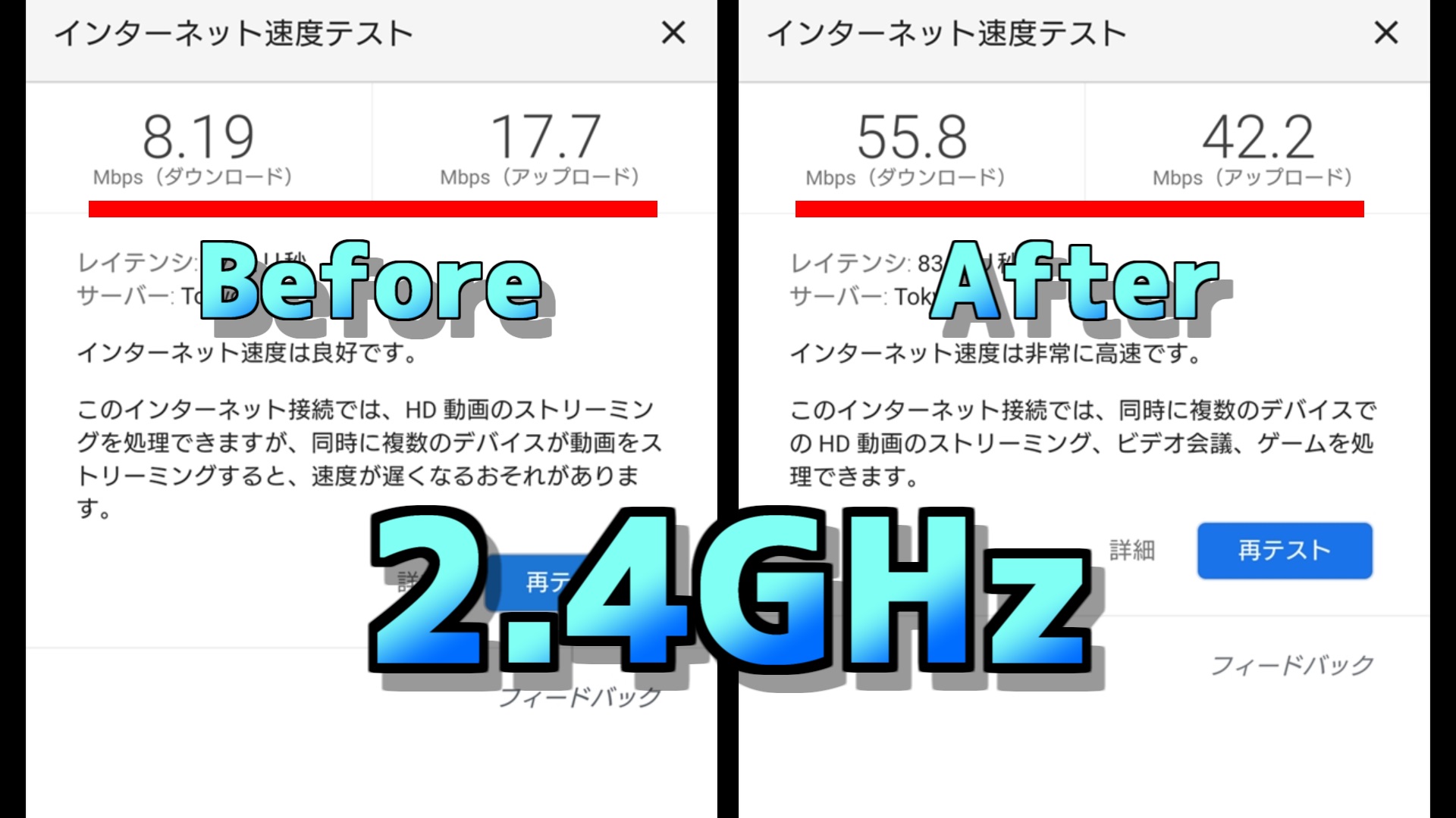 まずは2.4GHzの結果です。なんとダウンロード速度は約7倍になりました！アップロード速度は約3倍で、上りも下りも大幅にスピードが改善されました。
